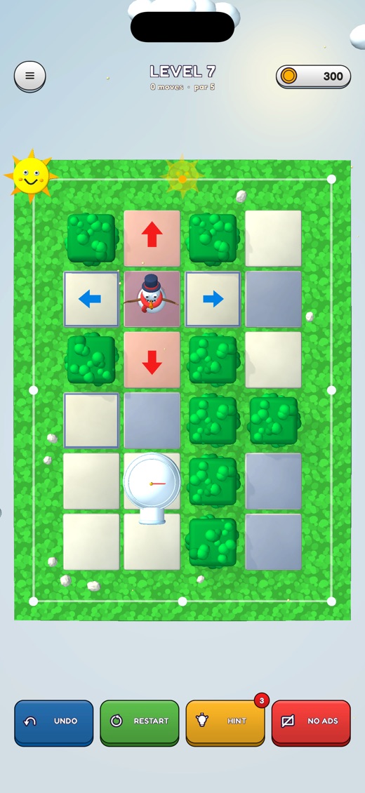 Gameplay: a snowman in the shade of a hedge, blue arrows on the safe squares and red arrows on the squares that will be sunlit