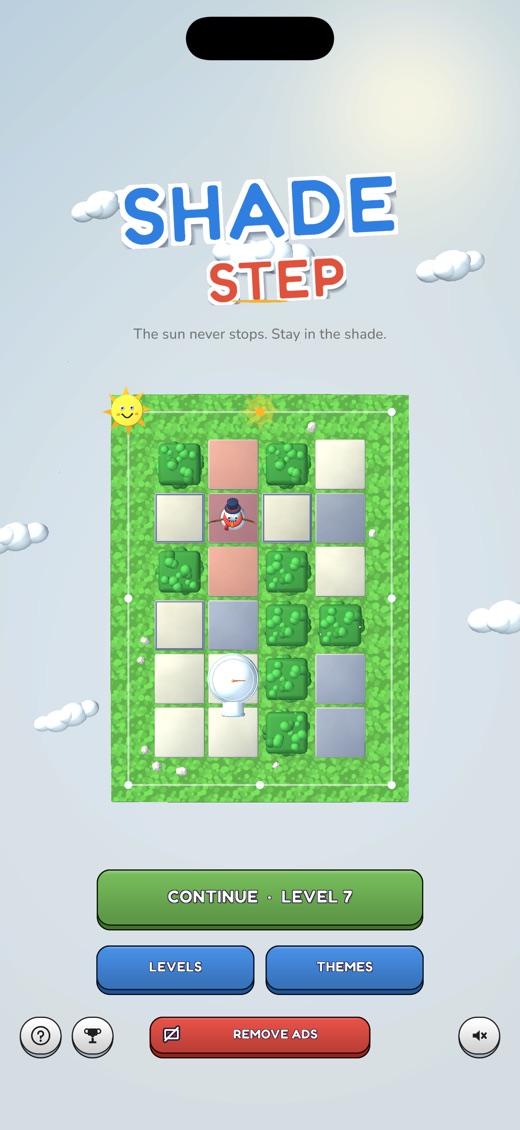 Title screen: the Shade Step logo above a grassy island with hedges, a snowman and an igloo